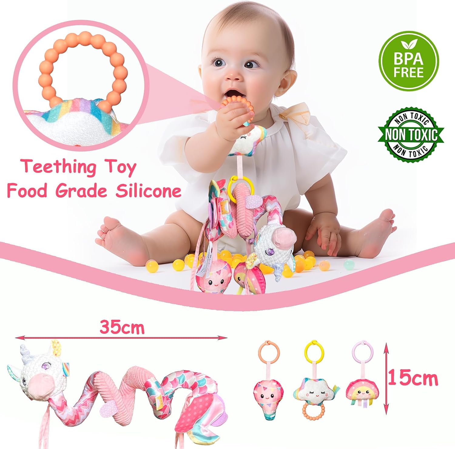 Detalle de Kulveanju Baby Spiral Pram Toy 0-6 Months – Musical Plush Spiral Activity Hanging Toy (Pink)