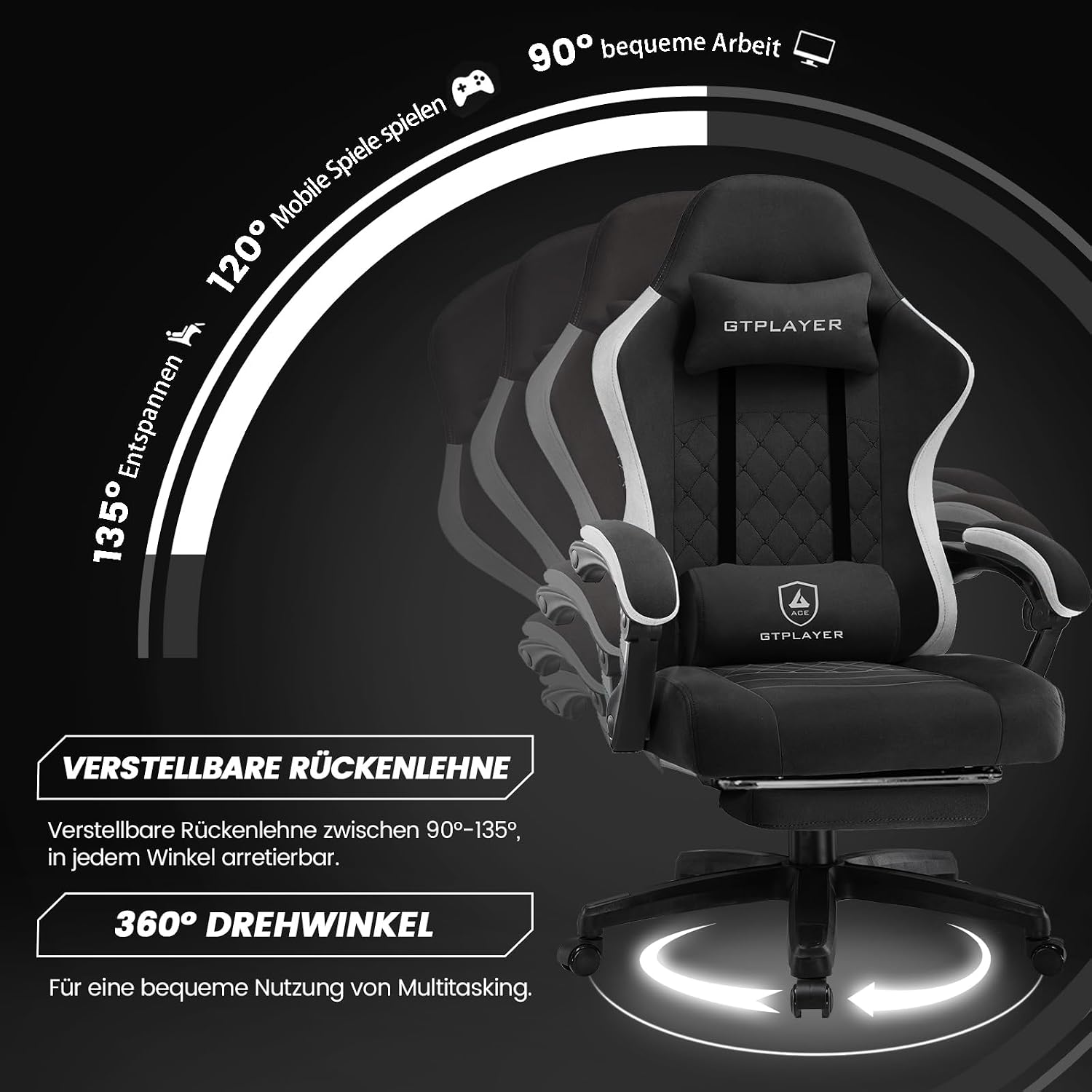 Detalle 2 de GTPLAYER Gaming Stuhl mit Stoffbezug, verstellbaren Armlehnen und Fußstütze (bis 150 kg) – dunkelschwarz