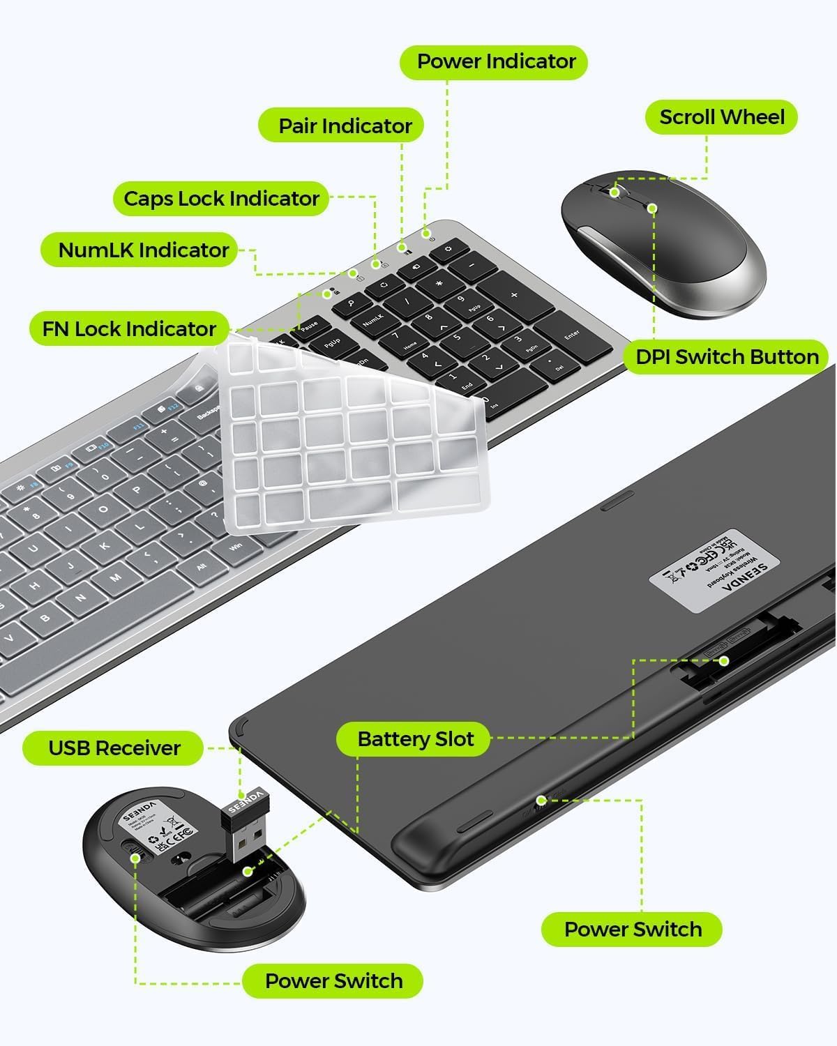 Thumbnail 6 de Seenda SK38 Wireless Keyboard and Mouse Set — Ultra Slim, Quiet, Full-Size UK Layout (QWERTY) with Numeric Keypad
