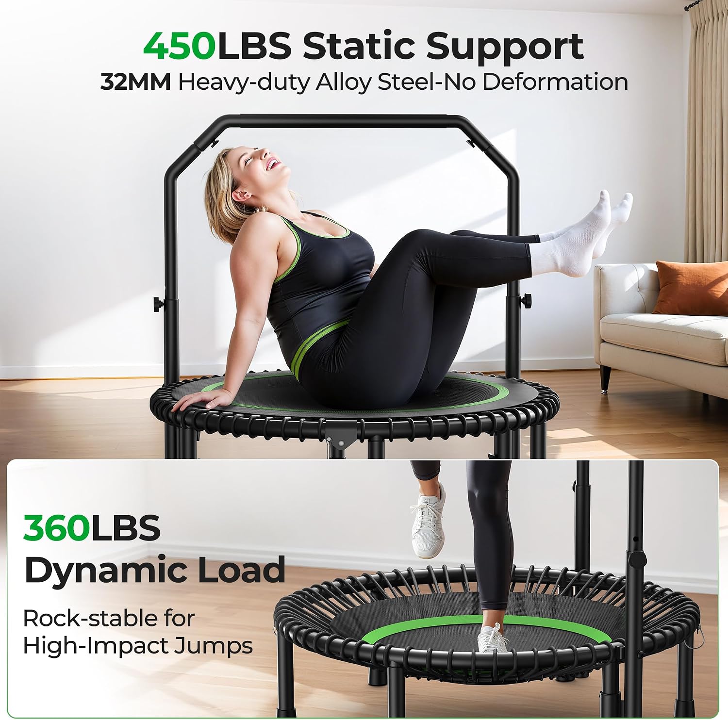 Detalle de BCAN TX-6232CU 40-Inch Foldable Fitness Trampoline with Adjustable Handlebar