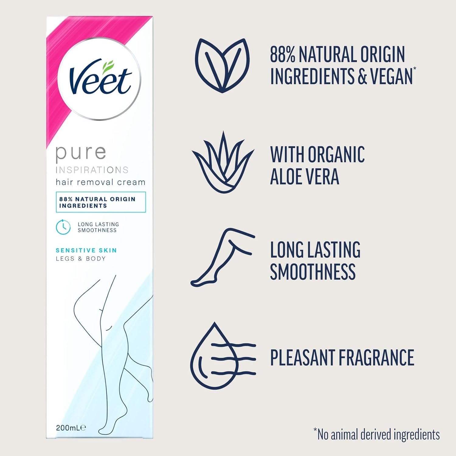 Detalle de Veet Pure Sensitive Hair Removal Cream 200 ml for Legs, Bikini Line and More