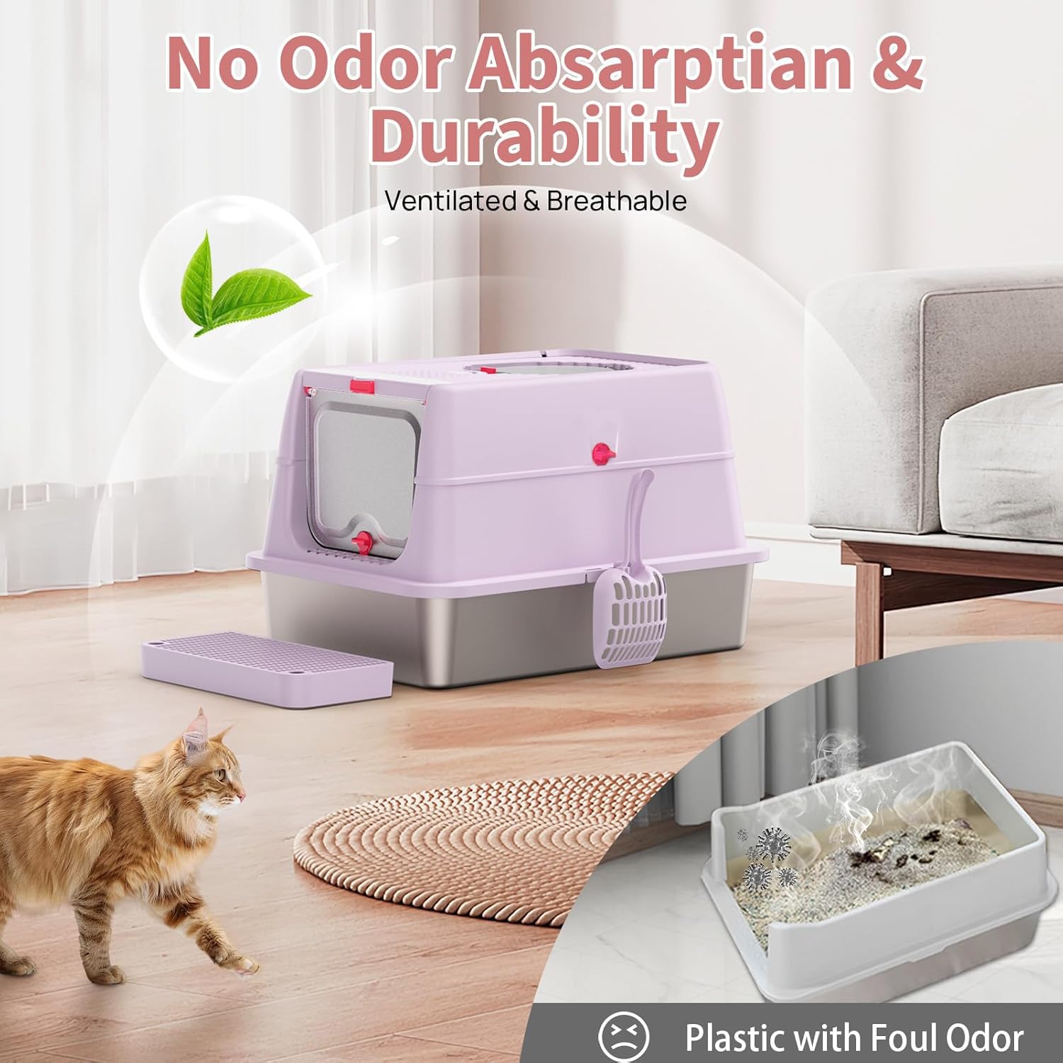 Detalle de Litière pour Chat en Acier Inoxydable 304 – XXL, avec Couvercle et Pédales, BEST JAJA ( Violet )