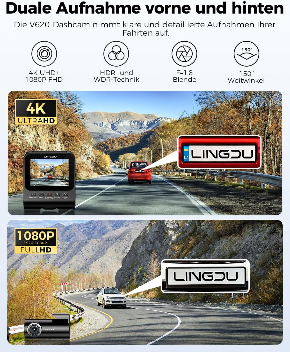 Thumbnail 1 de LINGDU V620 Dashcam 4K Vorne Hinten