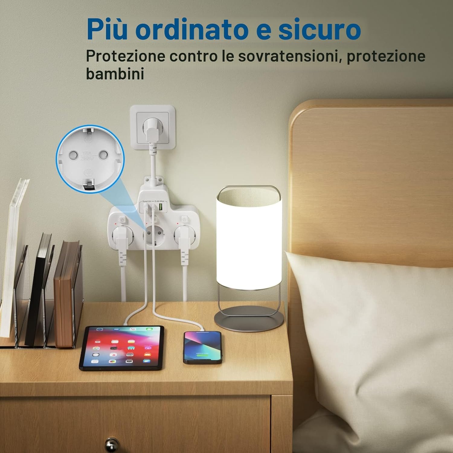 Detalle 2 de Ciabatta Multipresa USB-C con tre prese, interruttori indipendenti e ricarica intelligente