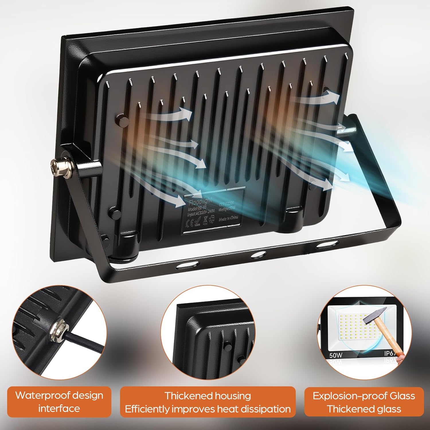 Thumbnail 3 de Faretto LED da esterno 50W da 5000 lm 7000K IP67 (2 pezzi) con staffa regolabile a 180°