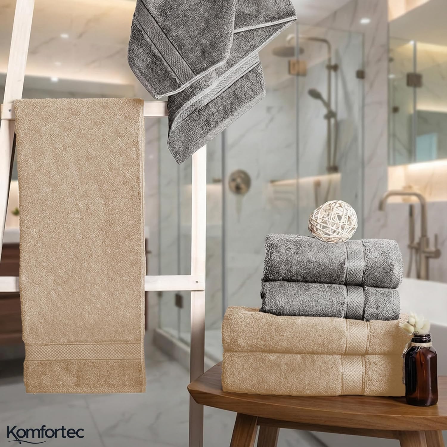 Thumbnail 6 de Komfortec Ensemble de Serviettes 8 Pièces – 4 serviettes de bain 70x140 cm et 4 essuie-mains 50x100 cm en coton 100% | Gris anthracite/beige