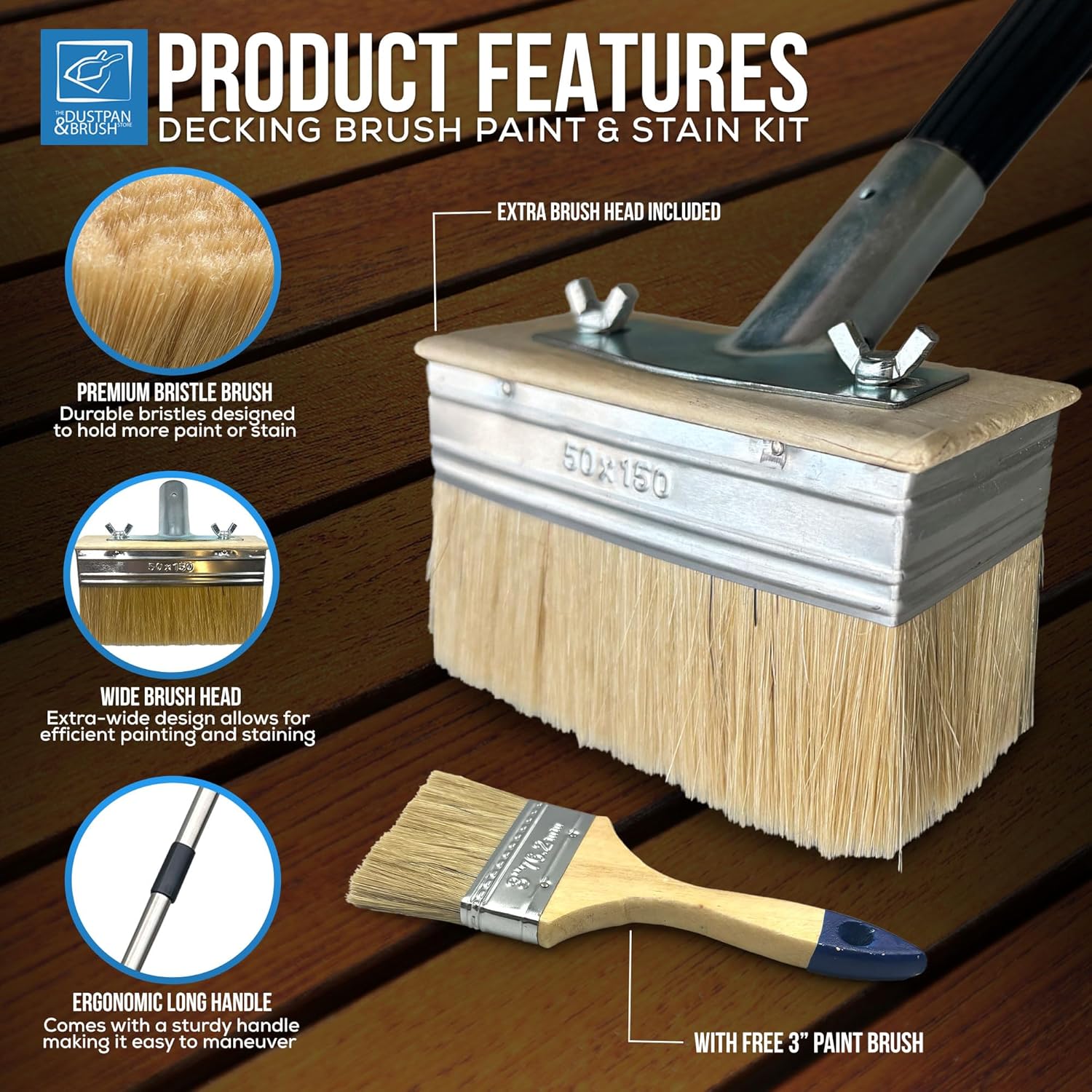 Detalle 2 de Decking Stain Brush Kit with Metal Handle (7" kit) + Extra Brush Head + 3" Paint Brush