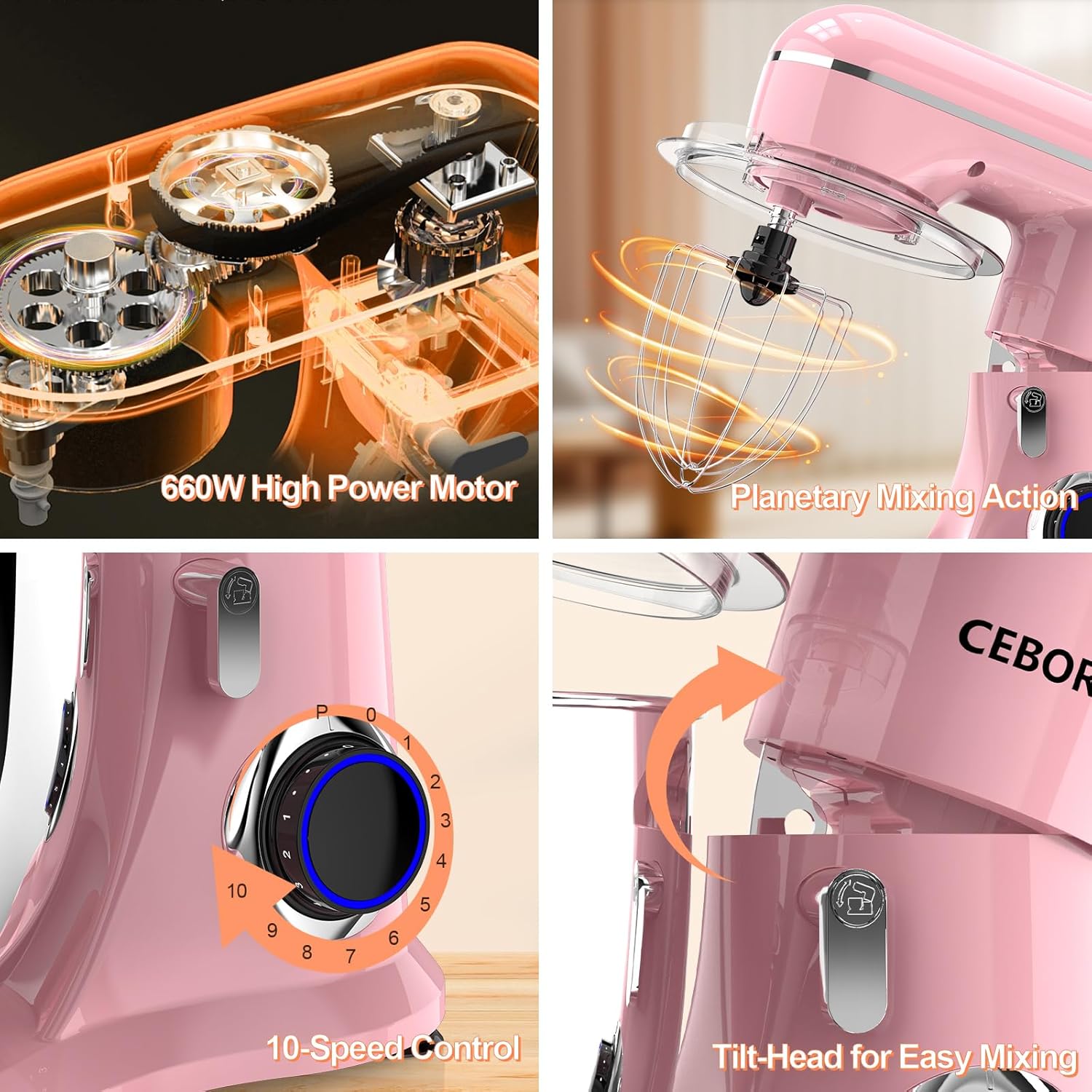 Detalle de CEBORY 3-in-1 Electric Stand Mixer: 6.5QT, 660W, 10-Speed with Dough Hook, Beater & Whisk (Pink)