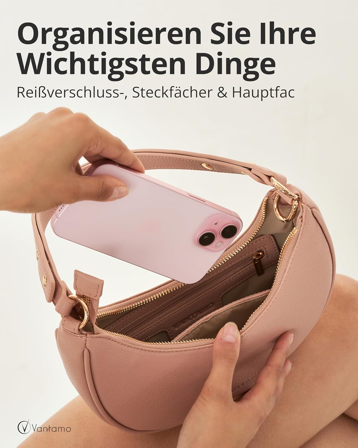 Detalle de Halbmondtasche für Damen – Halbmondtasche aus veganem Leder mit RFID-Schutz und verstellbarem Schultergurt
