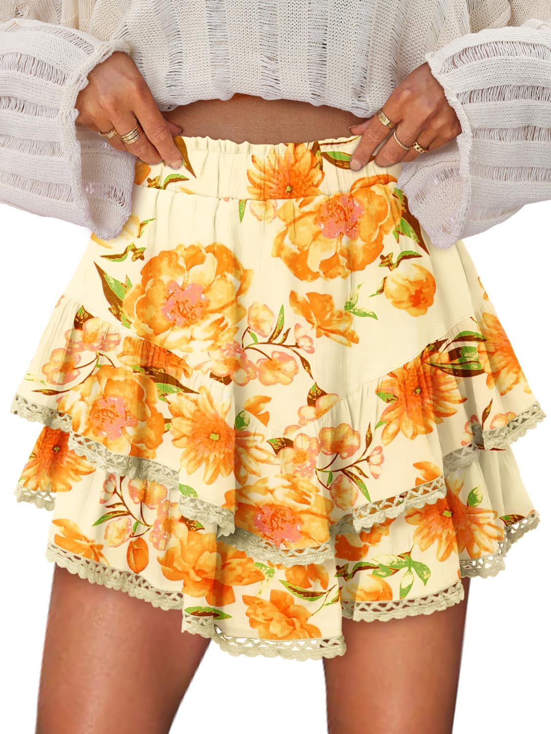 Detalle de onlypuff Women's Ruffle Skort, Elastic Waist