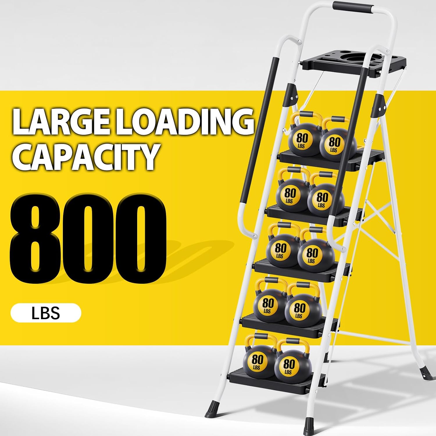 Detalle 2 de KINGRACK Folding 5-Step Ladder Step Stool with Safety Lock (800 lbs Capacity) – White