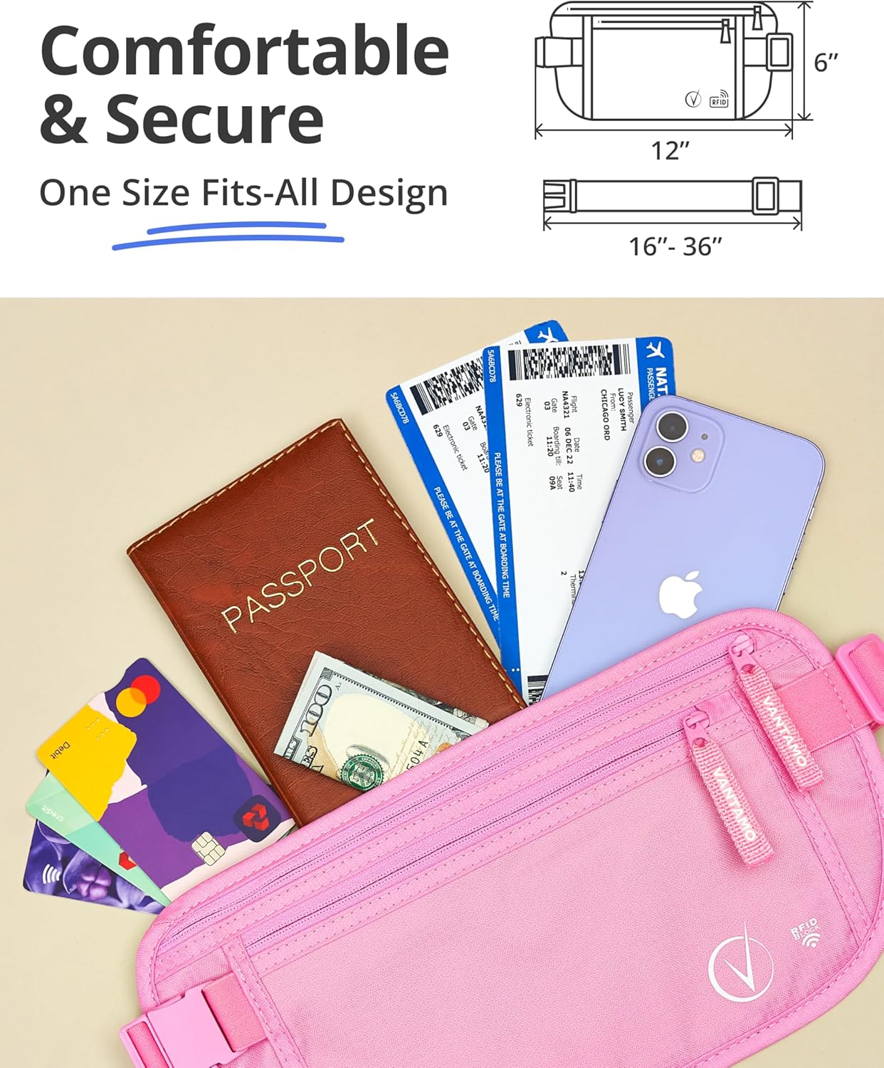 Detalle de Vantamo Bum Bag with RFID: Ultra-Thin Travel Belt Pouch for Passport, Phone and valuables