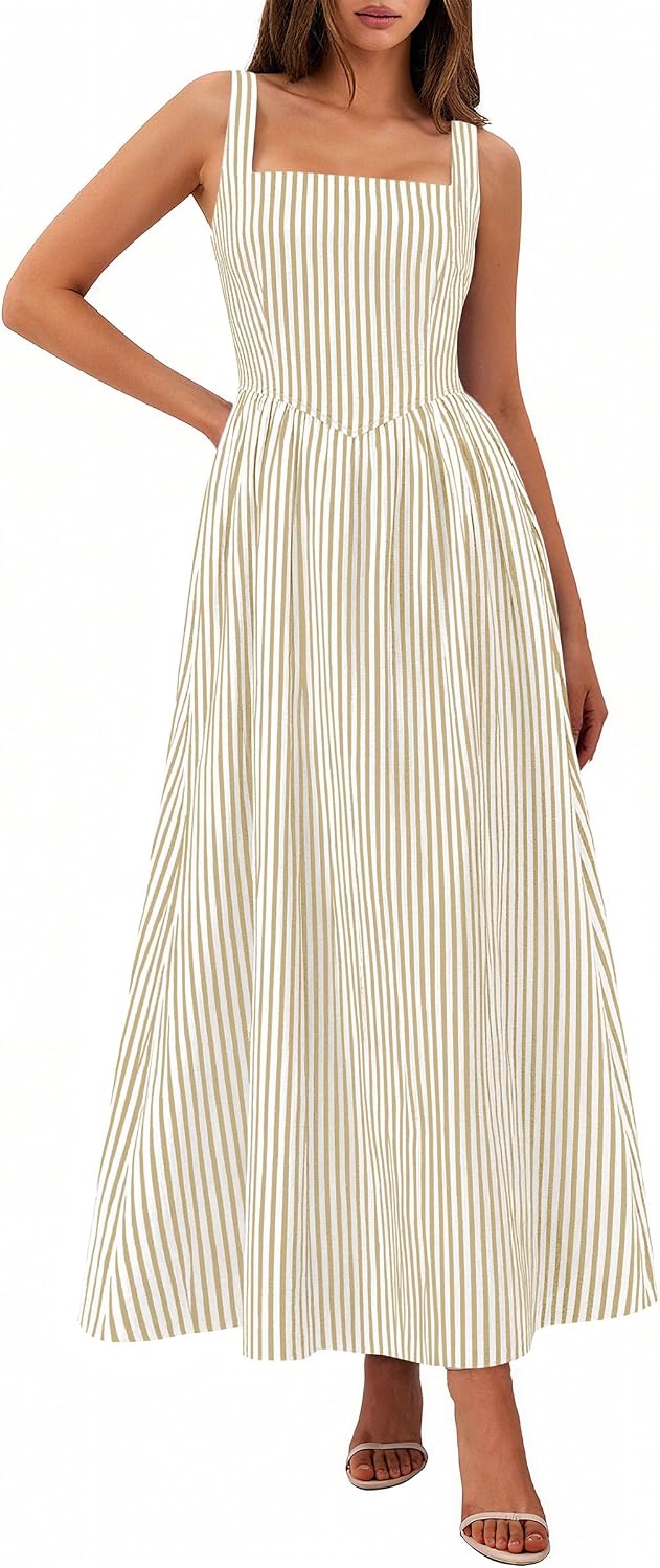 Detalle de PRETTYGARDEN Women's Maxi Dress - Summer Striped Sundress, Sleeveless Square Neck, Smocked Back, Pockets