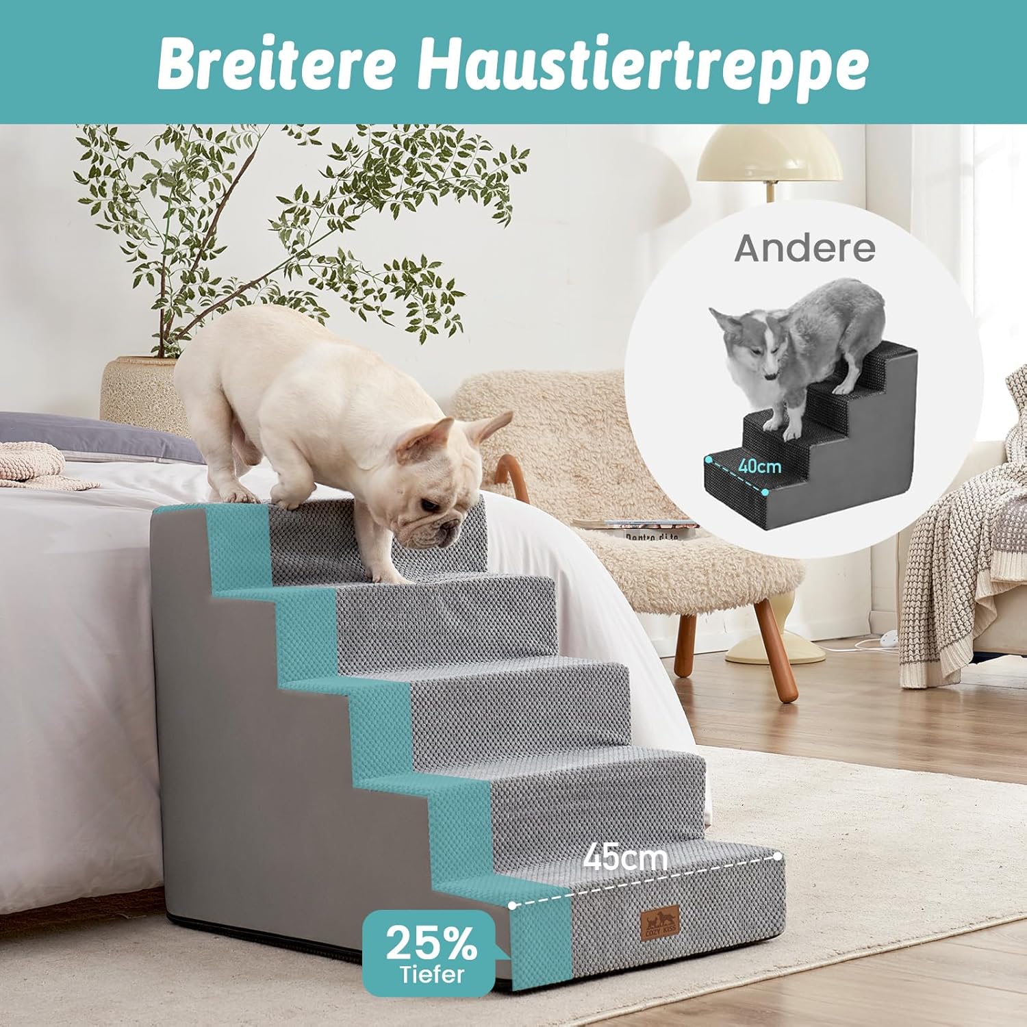 Detalle 2 de COZY KISS Hundetreppe 5 Stufen Grau 75x50x60 cm
