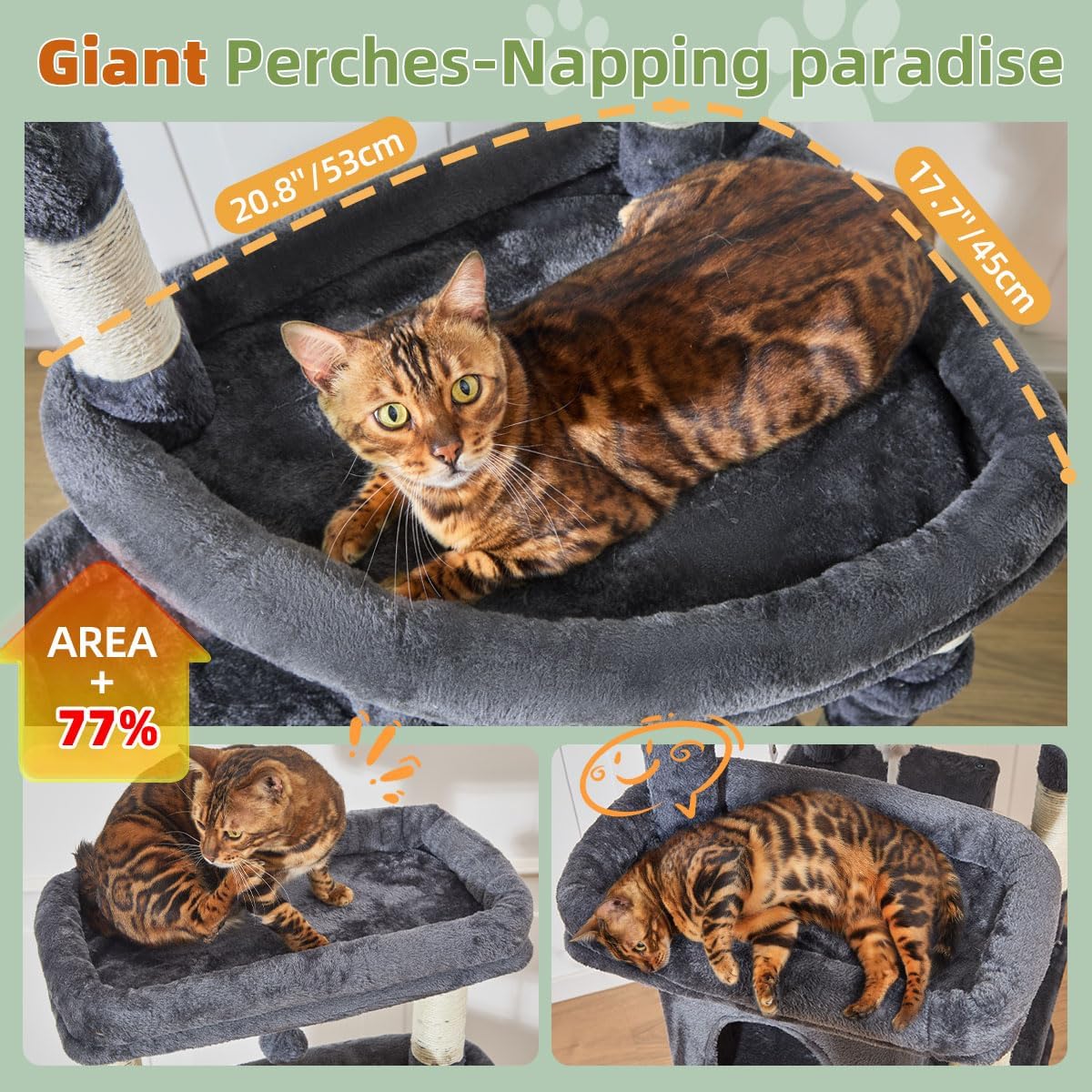 Detalle de Taoqimiao 180cm Large Cat Tree (MS034G) with 9 Scratching Posts, Hammock & Wide Condo