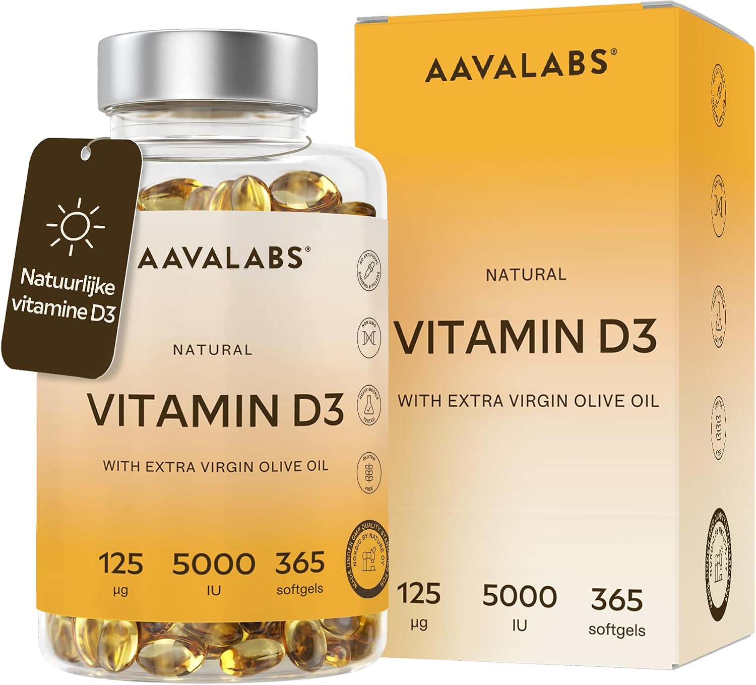 Detalle de AAVALABS Vitamine D3 5000 IE softgels, 365 stuks met olijfolie