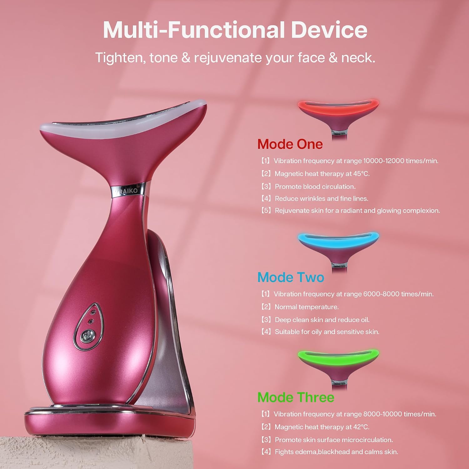 Detalle de VRAIKO LILY Massaggiatore viso-collo: triple azione LED termico per sollevamento e rassodamento, Rosa intenso