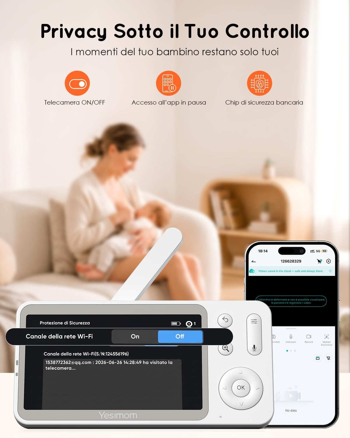 Thumbnail 5 de YESIMOM Baby Monitor versione aggiornata 2K con schermo IPS da 5" e controllo app, PTZ 360°