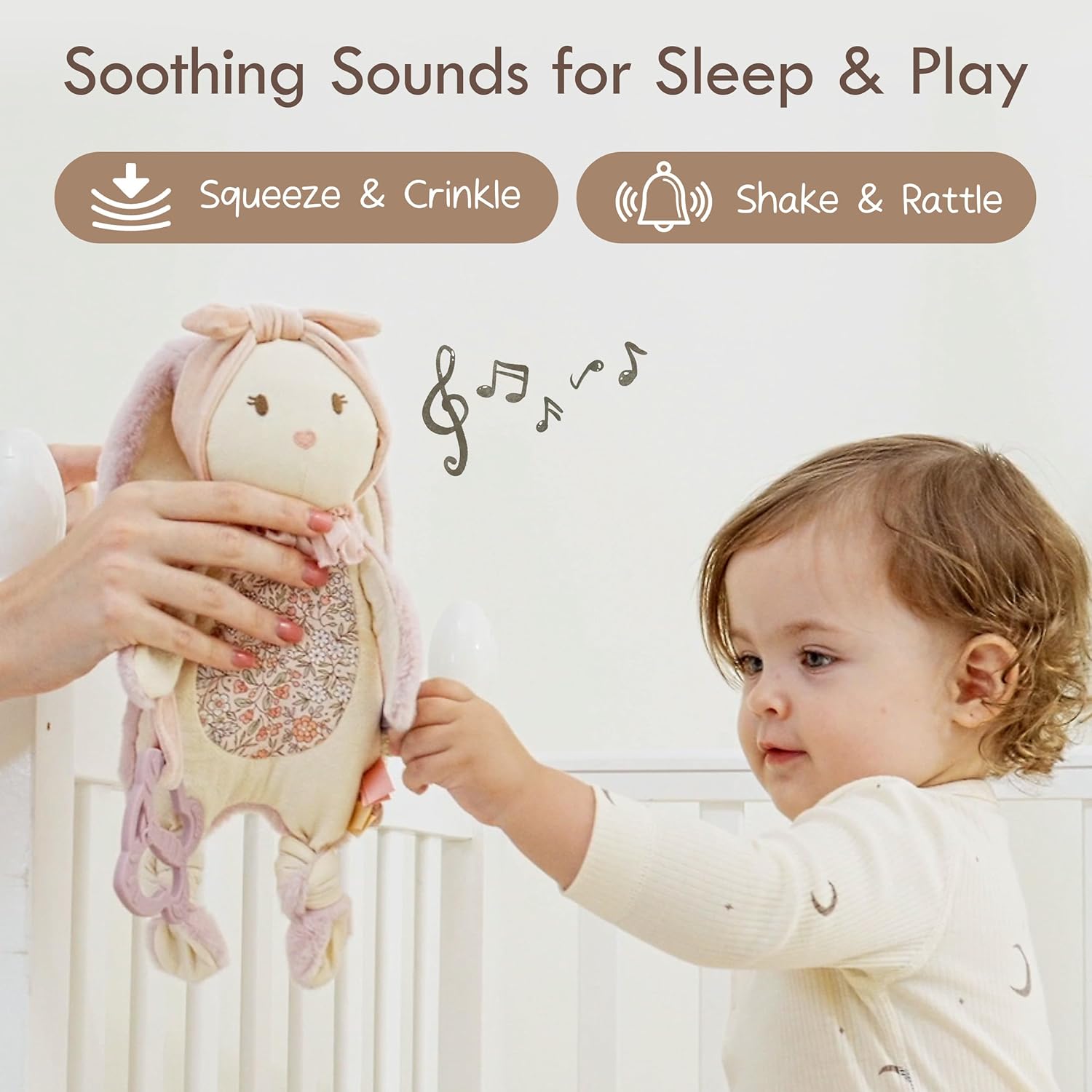 Detalle de Moonkie Doudou Neonato Coniglio: copertina doppiamente accogliente con giochi sensoriali