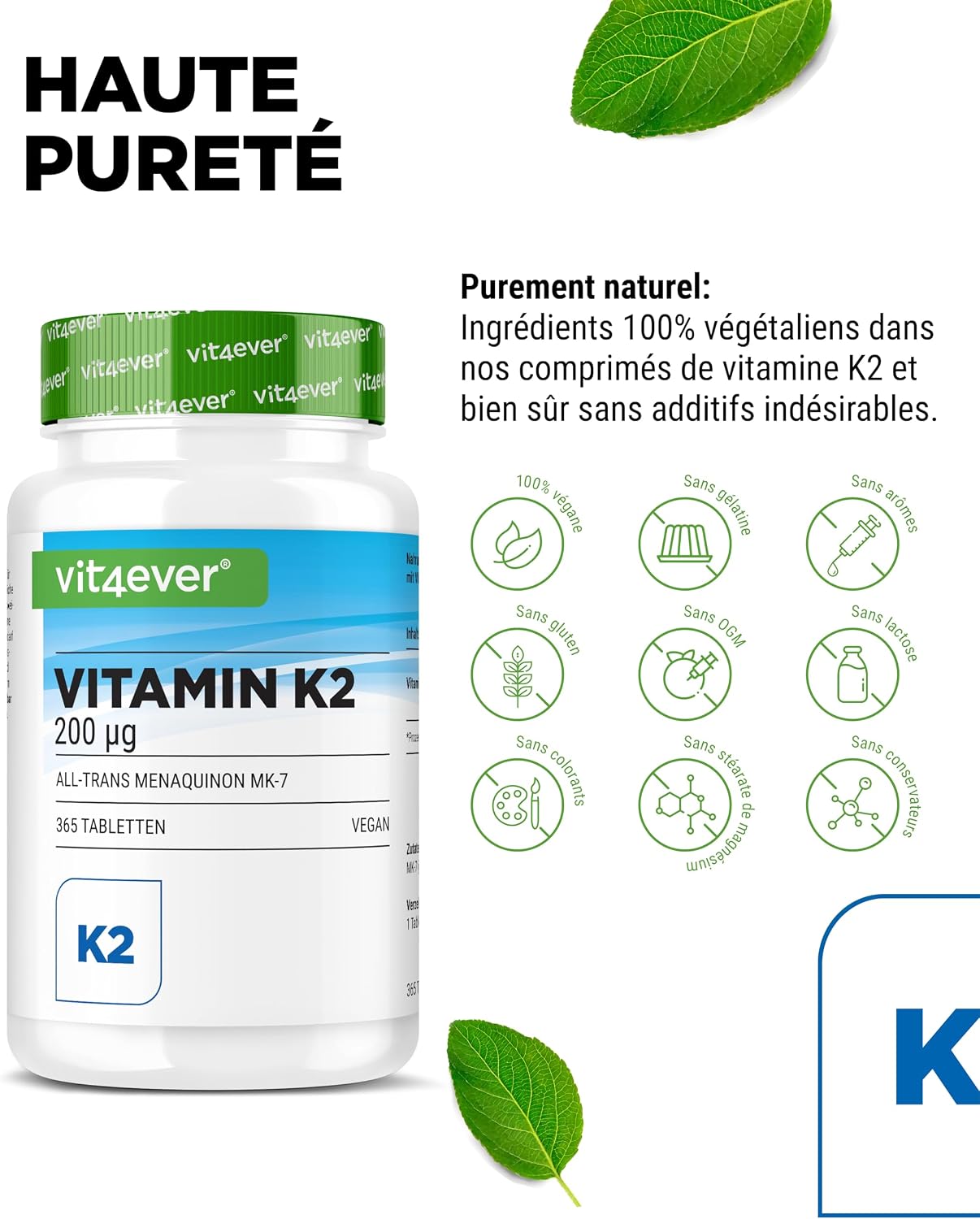 Thumbnail 2 de Vit4ever Vitamine K2 MK7-365 – 200 µg de vitamine K2 (MK-7) par comprimé, 365 comprimés, végane