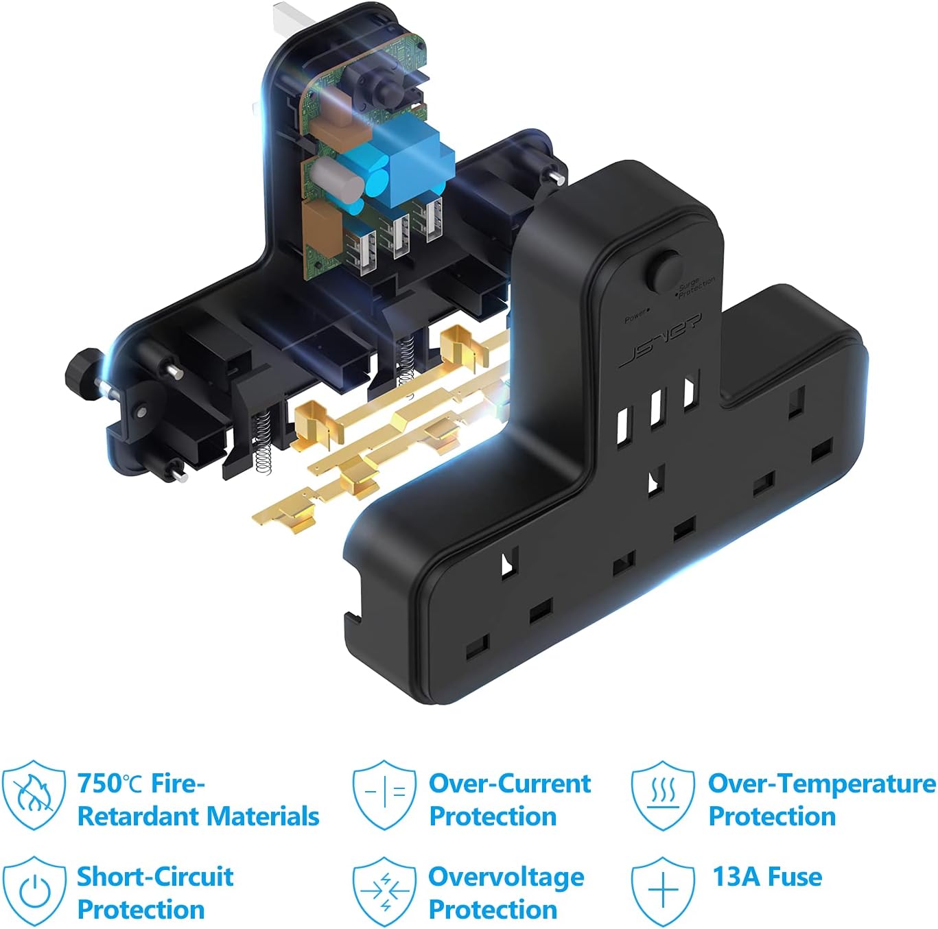 Thumbnail 5 de Plug Adaptor UK 3 Way with 3 USB Ports by JSVER