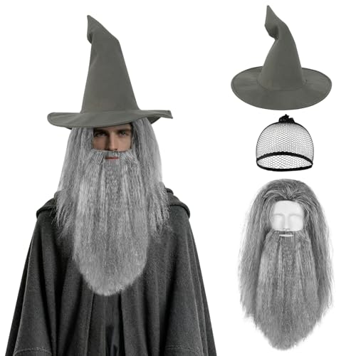 Detalle de BSBUY Long Grey Wig and Beard & Wizard Hat Costume Accessory Set