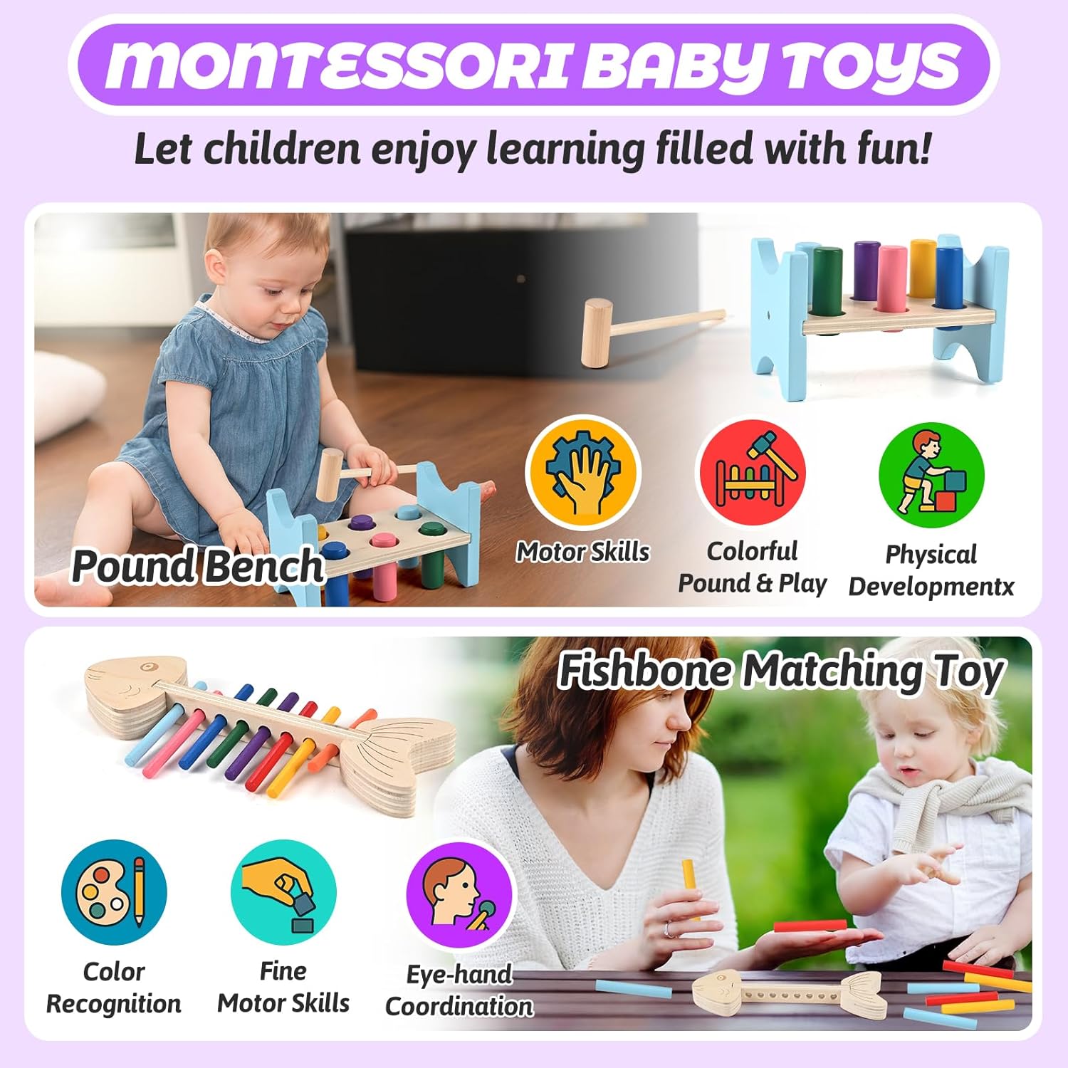 Thumbnail 3 de Wooderma 6-in-1 Montessori Toddler Sensory Toys: Wooden Stacking, Sorting & Plugging for 1+ Year Olds