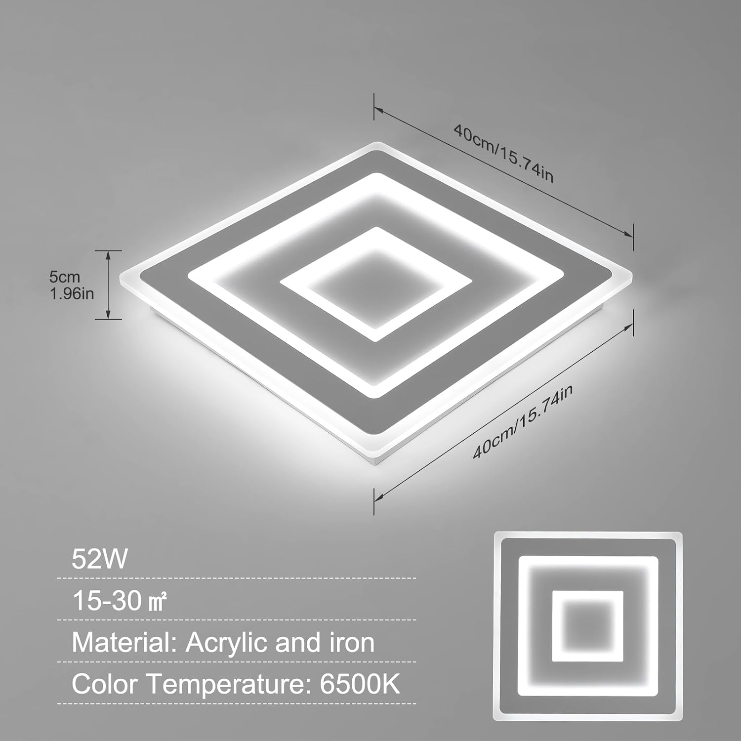 Detalle de Comely plafonnier LED carré moderne 52W (40 x 40 cm) 6500K – luminaire plafond design en acrylique