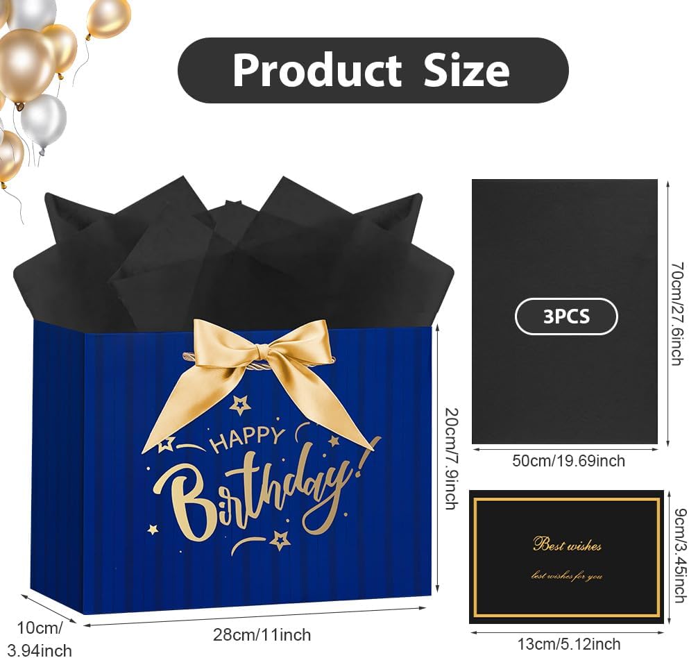 Detalle de AOOSU Geschenktüte Geburtstag – Blau, inklusive Schleife, Grußkarte & Seidenpapier (28×20×10 cm)