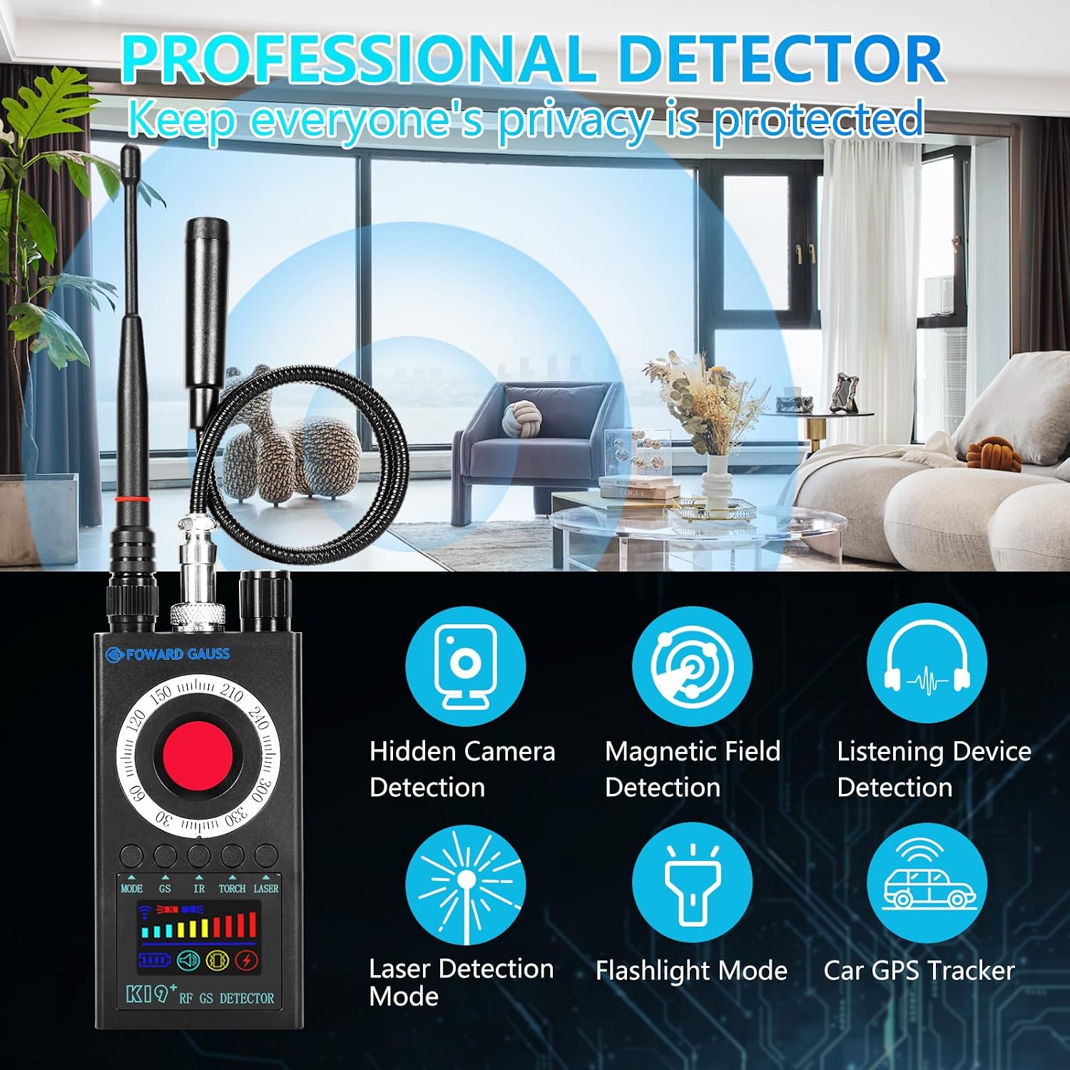 Detalle 2 de FOWARD GAUSS Hidden Camera Detector with Adjustable Sensitivity and LED Display