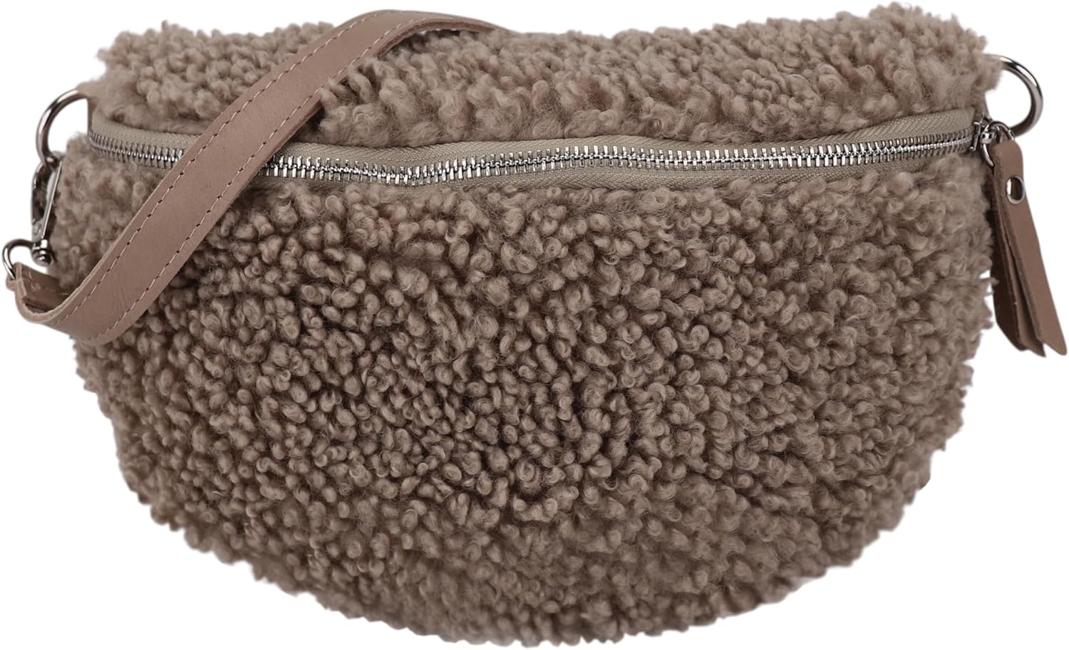 Detalle de SH Leder Kate G358: Marsupio da donna in pelliccia teddy con tracolla in vera pelle (27 x 16 x 10 cm)