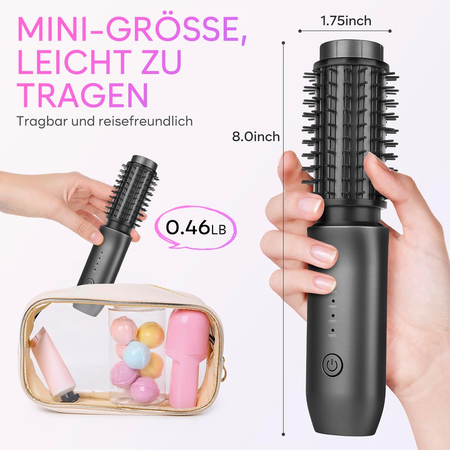 Detalle 2 de Kabellose Lockenstabbürste – NEU Tragbare Reise-Lockenstab-Minibürste, USB-Aufladung, 7000 mAh, Negativ-Ionen, Schwarz