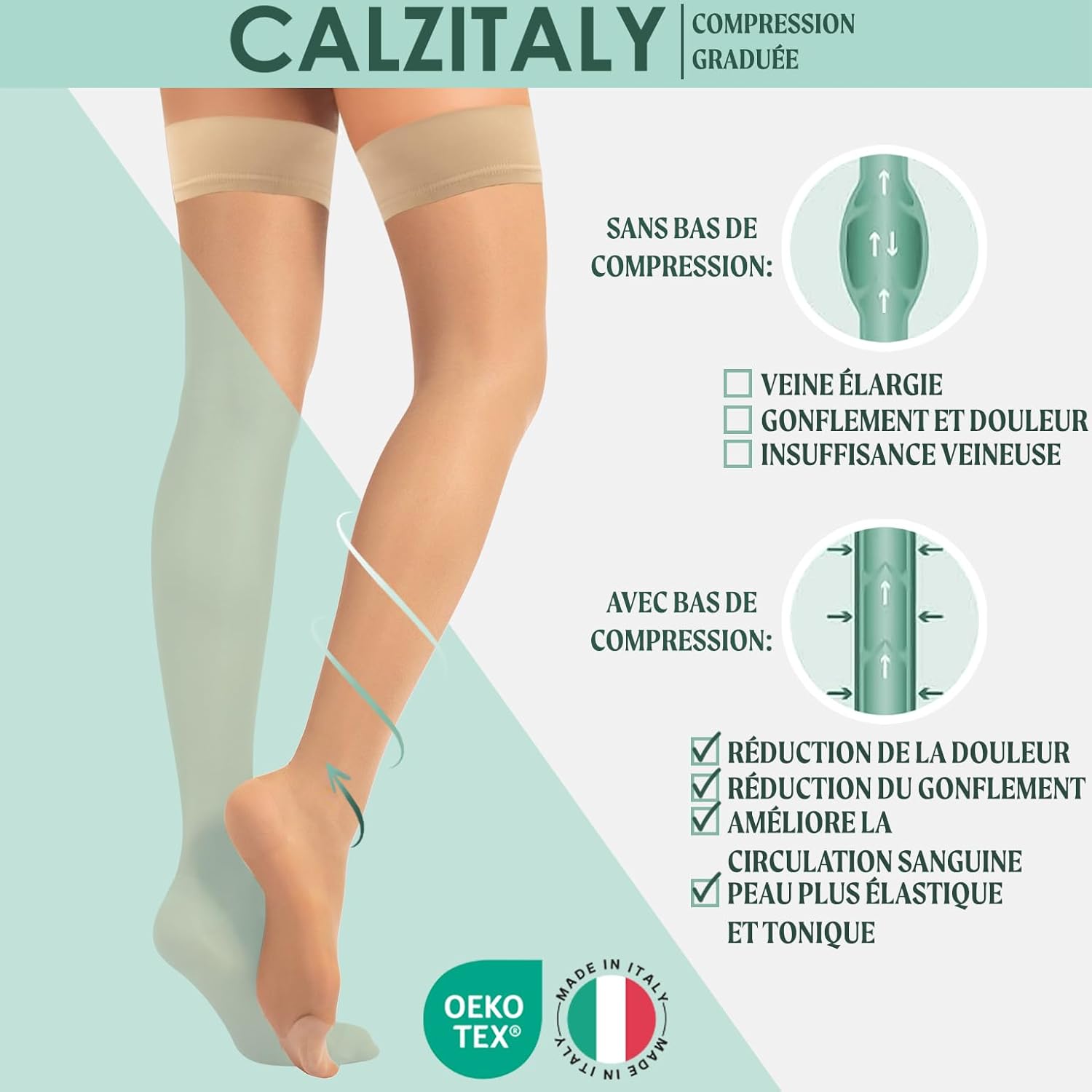 Detalle de CALZITALY Bas Autofixants de Contention avec Compression Graduée Forte 15-21 mmHg – 140 DEN, Noir / Beige, Tailles S à XL, Made in Italy