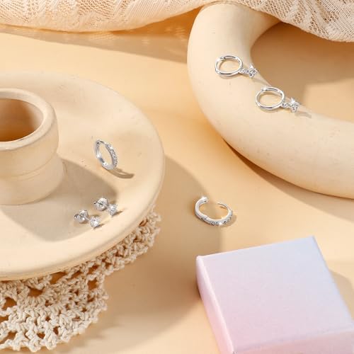 Detalle de Diamday 3 Pairs Sterling Silver Earrings for Women – Stud and Hoop Set