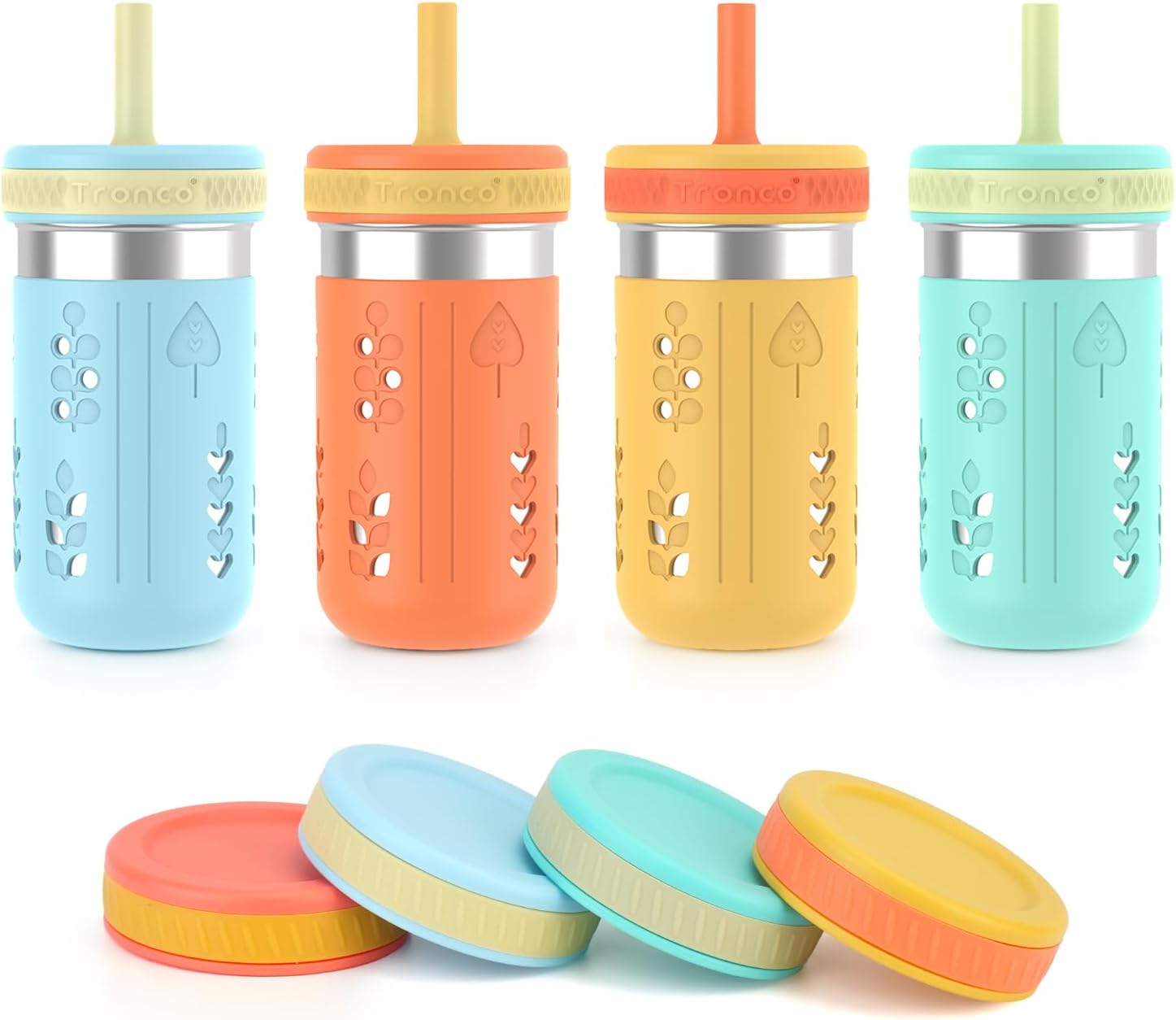 Tronco 4-Pack 15oz 2-in-1 Stainless Steel Kids Tumblers with Silicone Sleeves