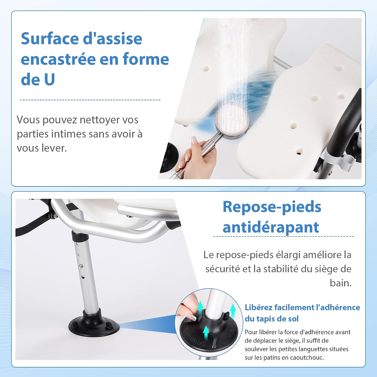 Detalle de DEWEL Chaise de douche pliable avec dossier et accoudoir, hauteur réglable (jusqu’à 150 kg), gris