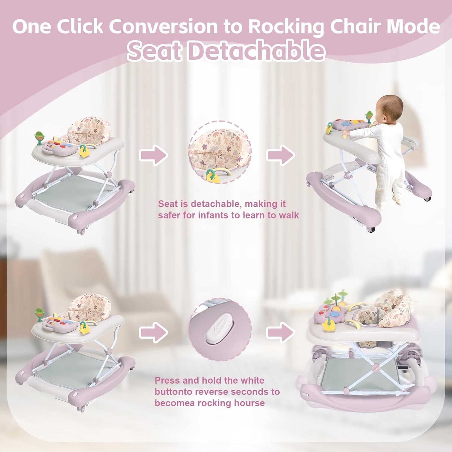 Thumbnail 4 de Foldable Baby 5-in-1 Activity Walker (Purple) with Adjustable Height, Music & Toys
