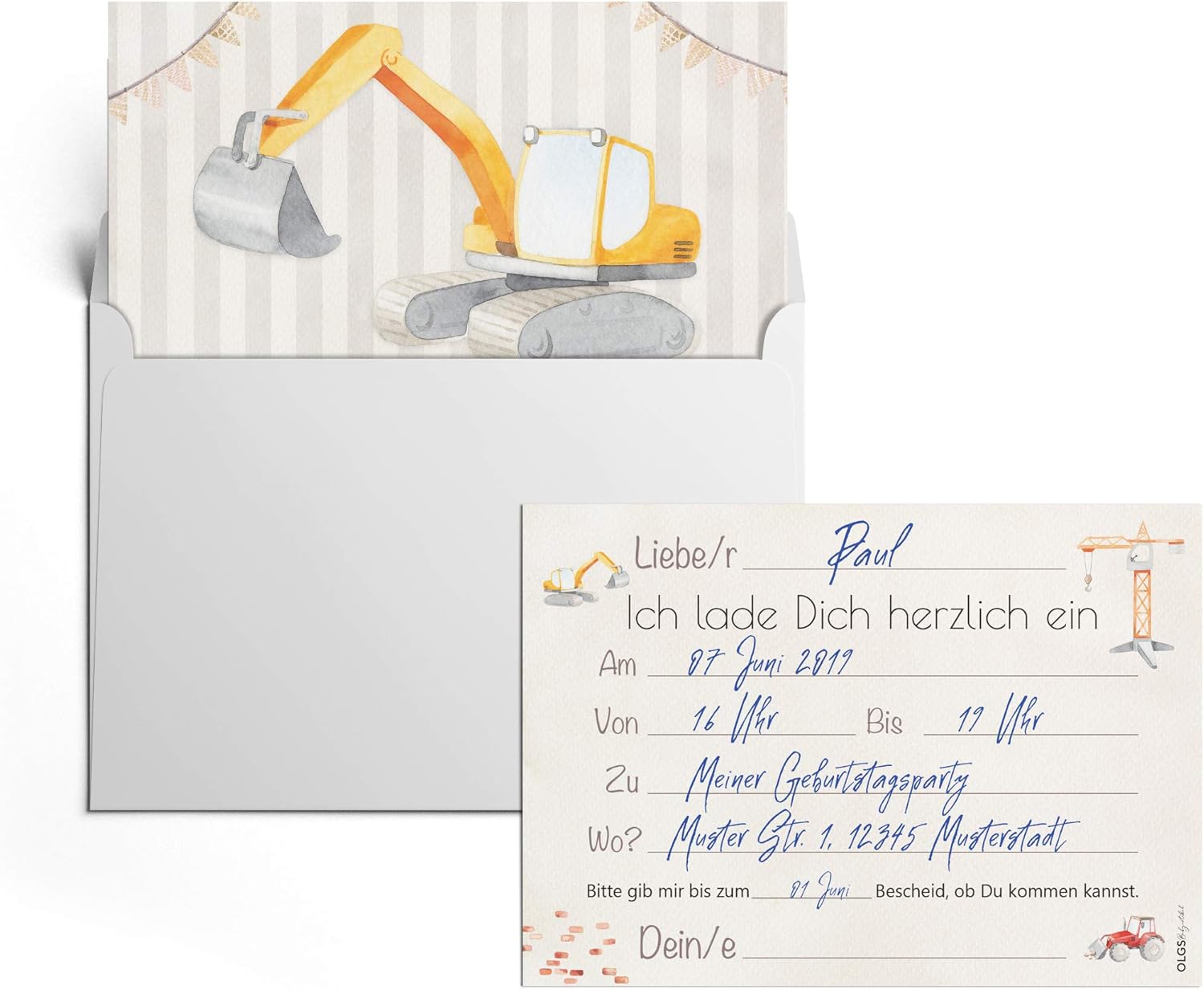 Thumbnail 2 de Aeuln Bagger & Baustellen Kindergeburtstag Einladungskarten-Set (12-teilig) inkl. Briefumschlägen, DIN A6