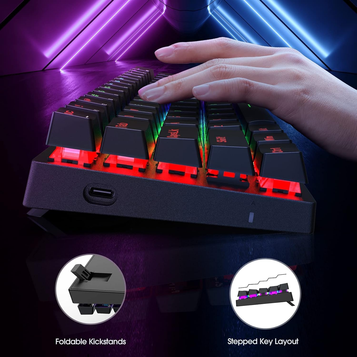 Thumbnail 5 de CACKBIRD Portable 60% Mechanical Gaming Keyboard (Blue Switches, 61 Keys, Wired, LED Backlit)