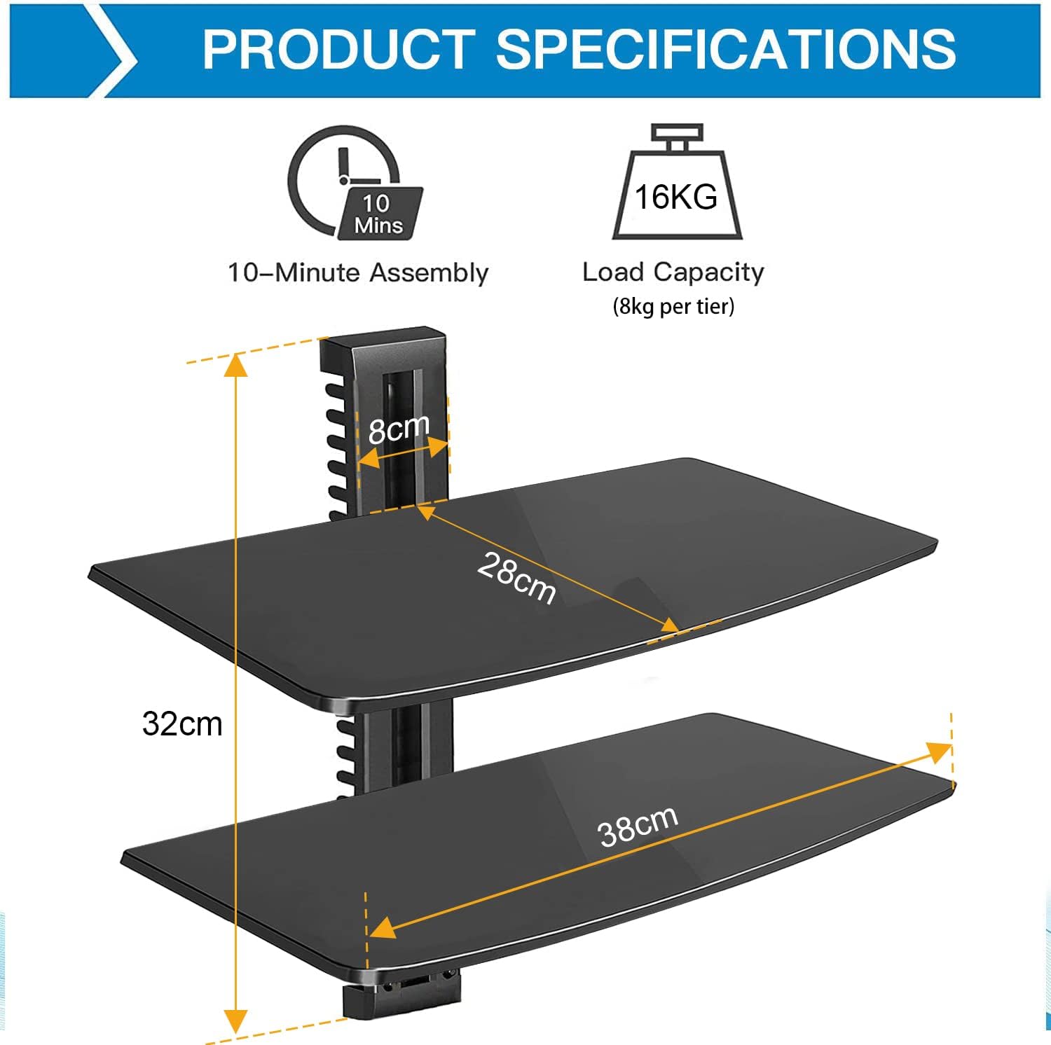 Thumbnail 5 de Suptek CS202 Floating Wall Shelf Bracket with Tempered Glass (2 shelves) for AV devices, black