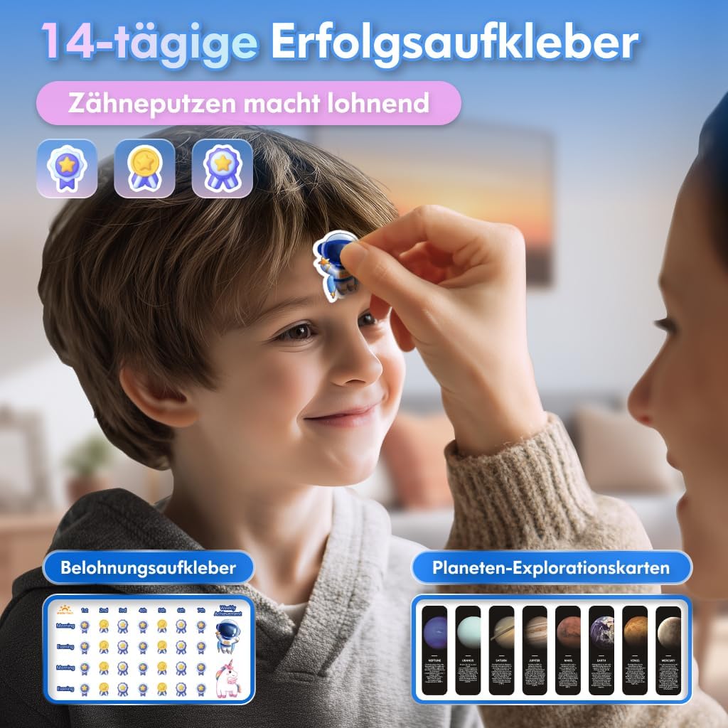 Detalle de DADA-TECH Kinder Zahnbürste Elektrisch ab 3–6–10–12 Jahre (Astronaut Blau) mit Timer, 3 Modi & Sticker-Set