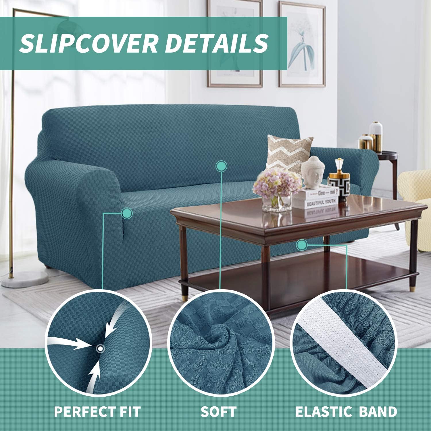 Detalle de YEMYHOM Large Jacquard Sofa Cover for 3-Cushion Couches, Peacock Blue