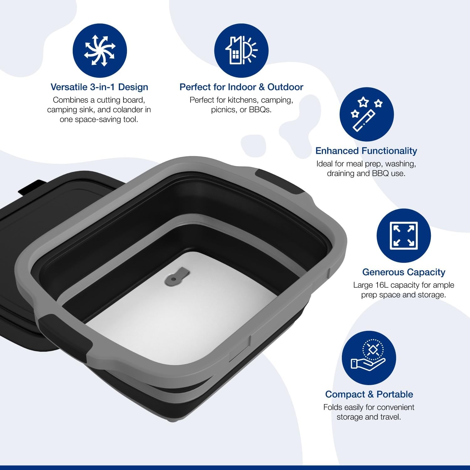 Detalle de 2-Pack XL Collapsible BBQ Prep Tub with Built-In Cutting Board, Lid & Strainer: Marinate, Drain & Prep