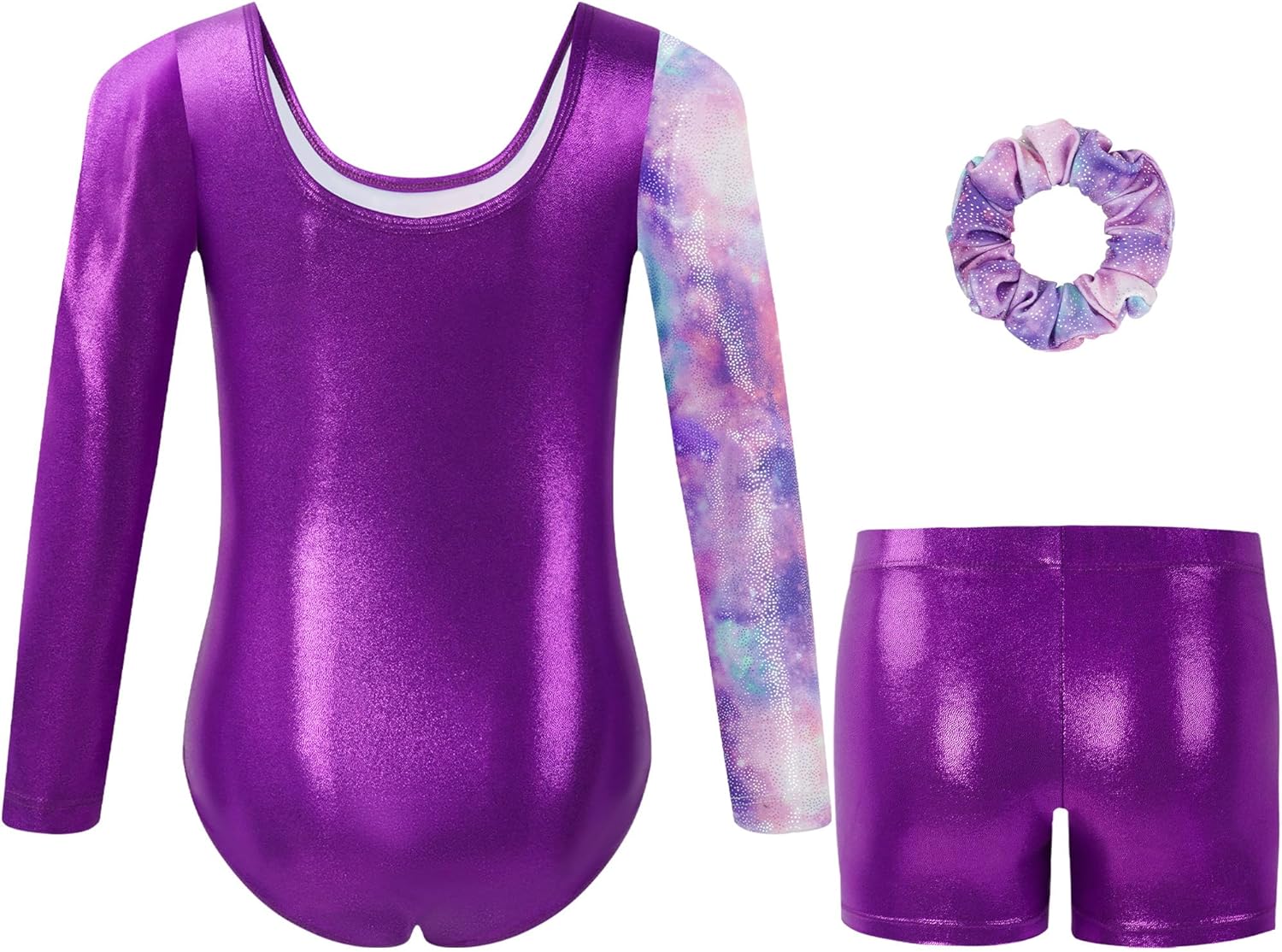 Thumbnail 1 de Gogokids Girls Three-Piece Gymnastics Leotards Set (Long Sleeve, Shorts & Hairband) with Gradient Sequin Design