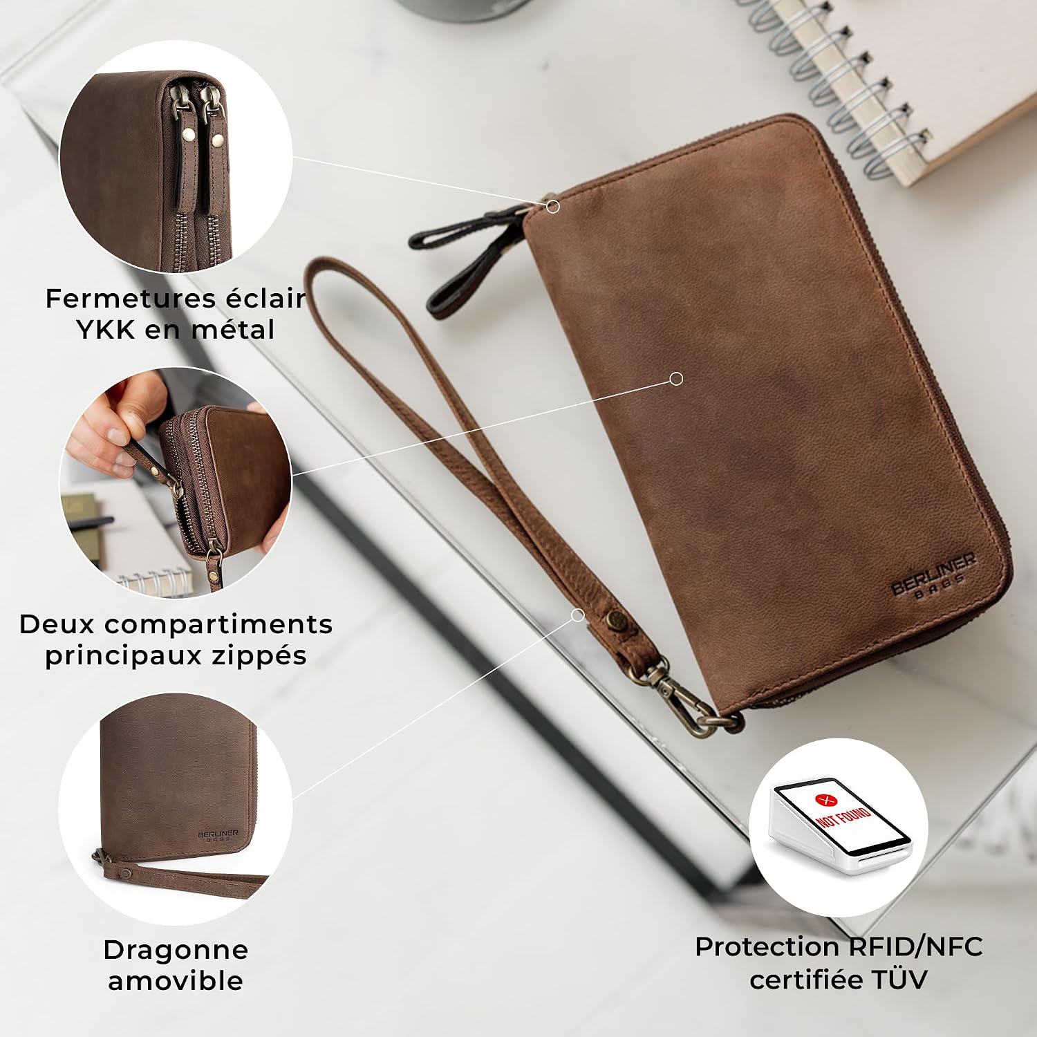 Detalle de Berliner Bags Dallas Grand Portefeuille en cuir véritable avec protection RFID – marron
