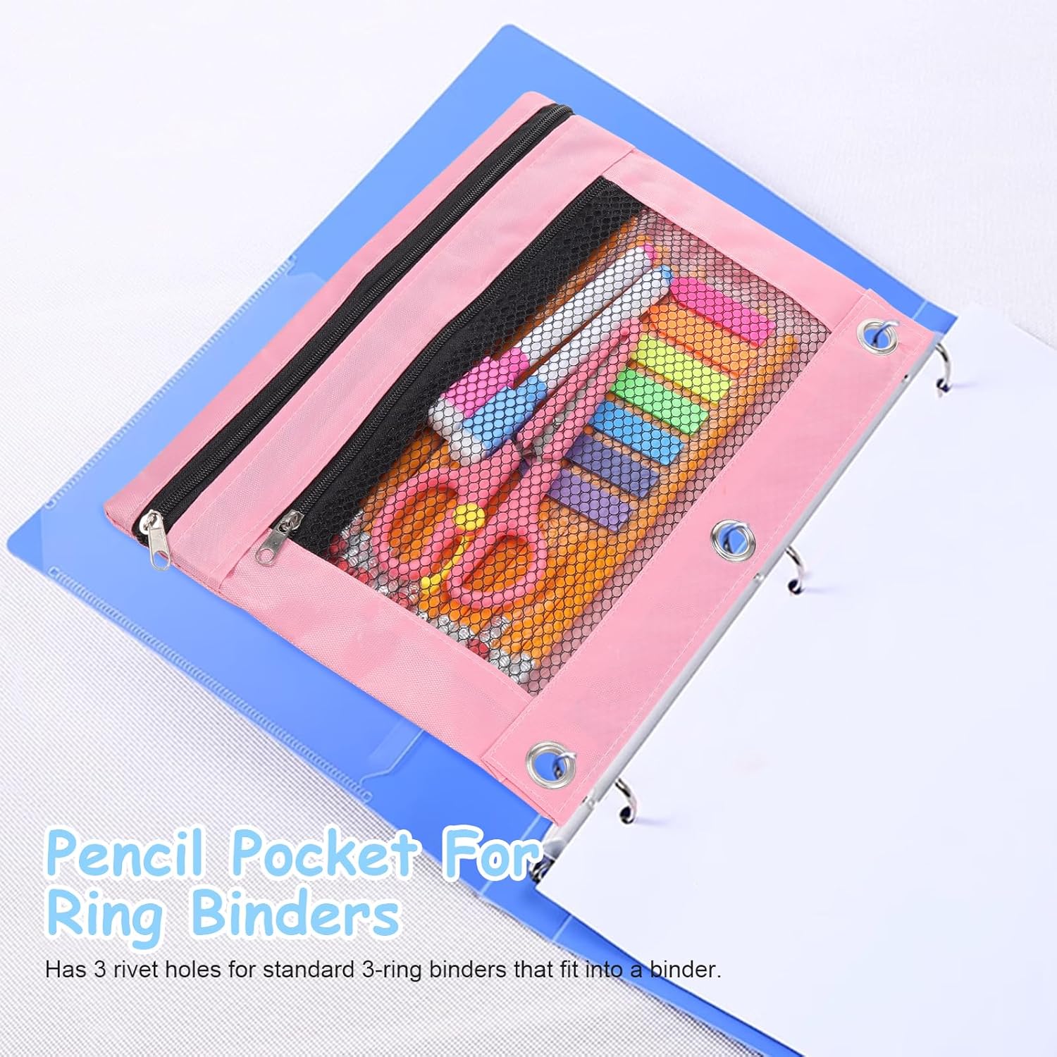 Thumbnail 5 de Mynoozi 3‑ring clear pencil case — pink ✏️