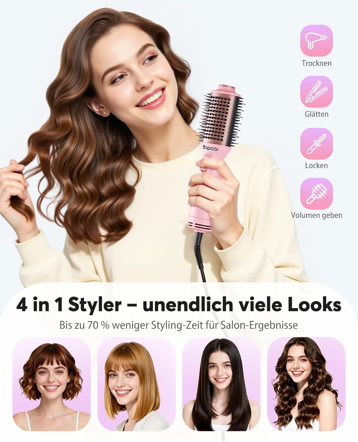 Thumbnail 3 de Bopcal Mini Warmluftbürste 4-in-1 – Ionen Föhnbürste mit Dualspannung für Volumen & glatte Haare