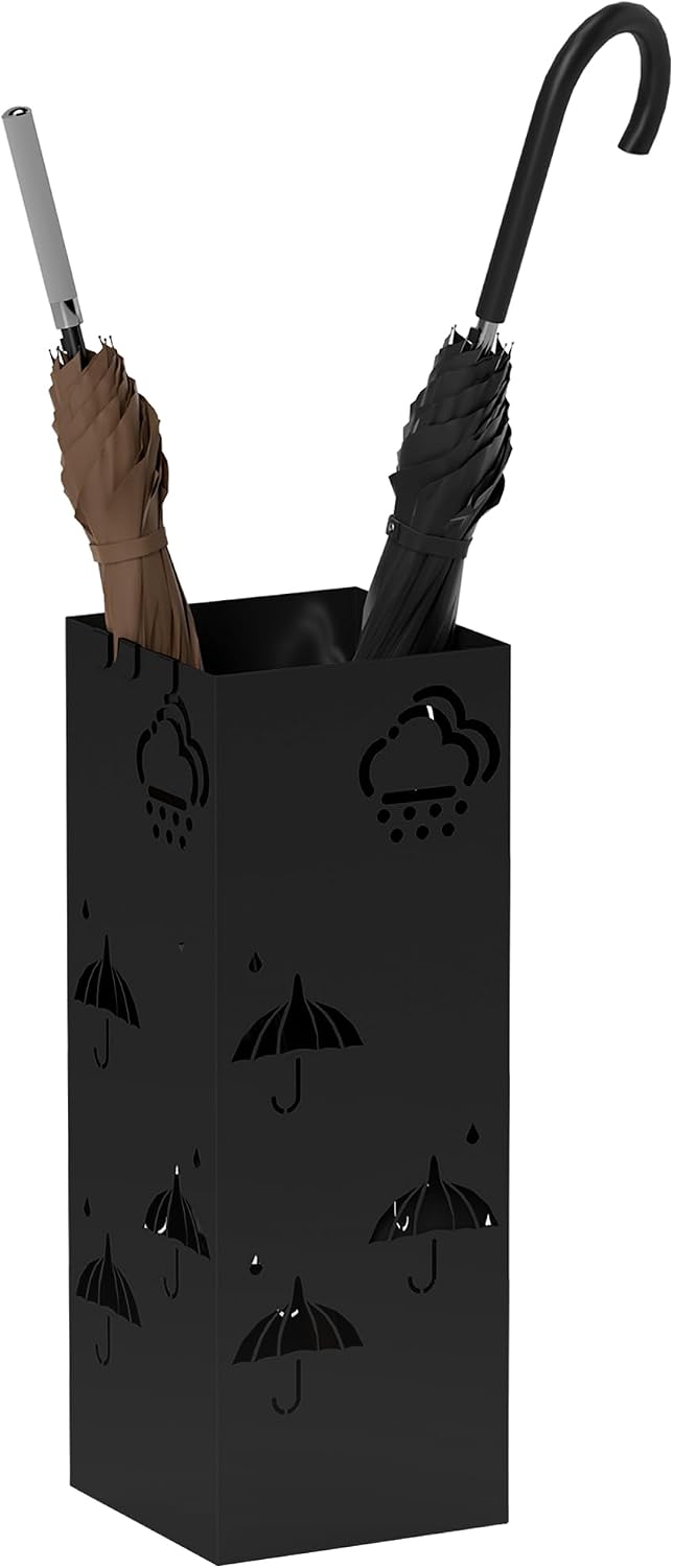 Detalle de HOMCOM 837-550V00BK Metal Umbrella Stand, Black, with Drip Tray and 4 Hooks