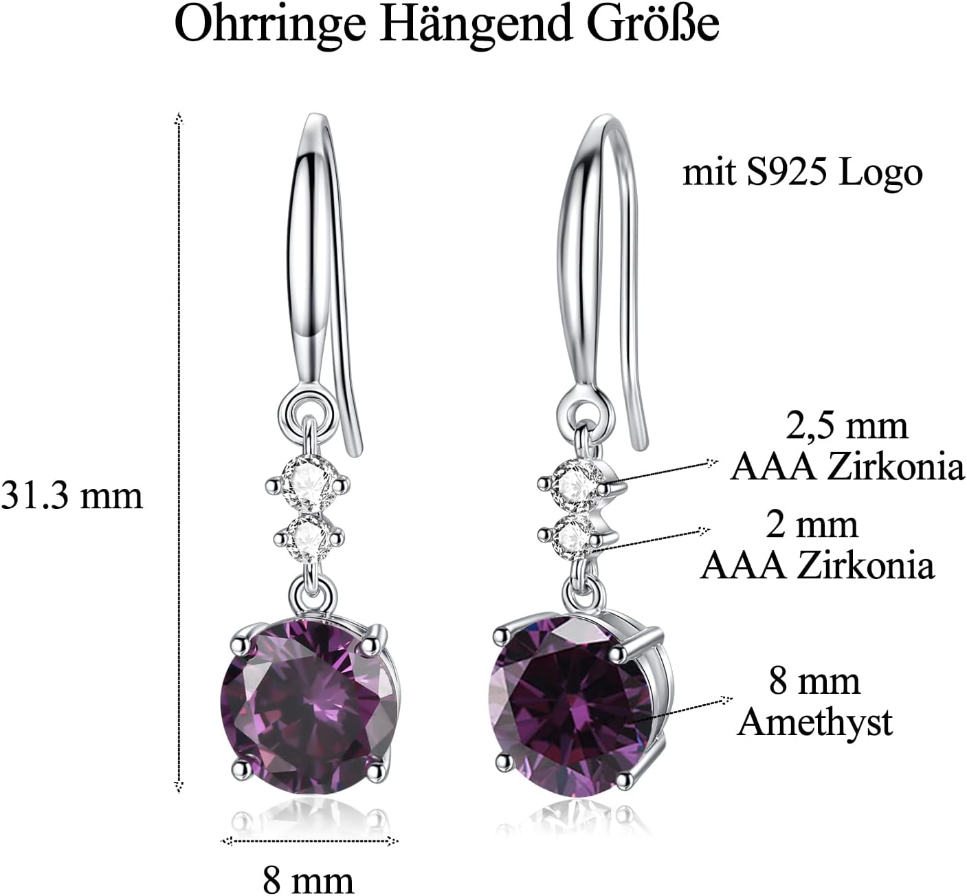 Thumbnail 4 de Hängende Ohrringe aus Sterling Silber 925 mit Zirkonia & Amethyst – 31,3 mm