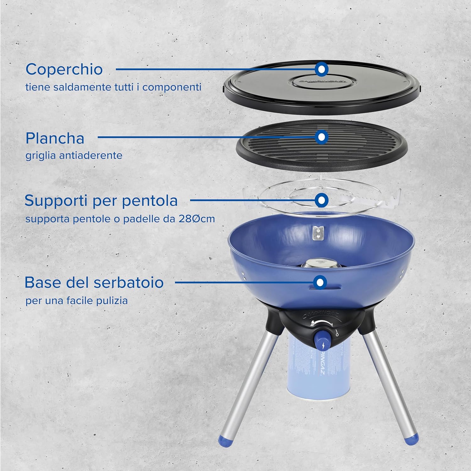 Detalle de Campingaz Party Grill 200 fornello: grill portatile con accensione piezoelettrica e cucina multipla